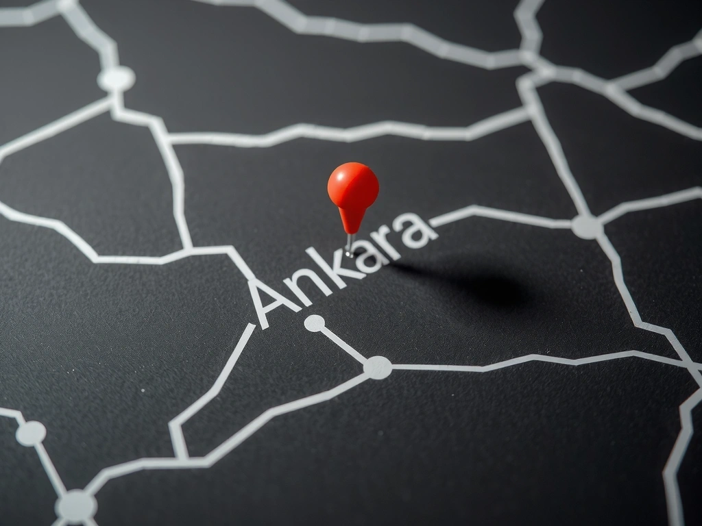 Ankara konumunu gösteren soyut, minimalist harita. Koyu doku üzerinde ince beyaz çizgiler. Ortada tek bir parlayan pin. Sinematik çekim, metin yok.