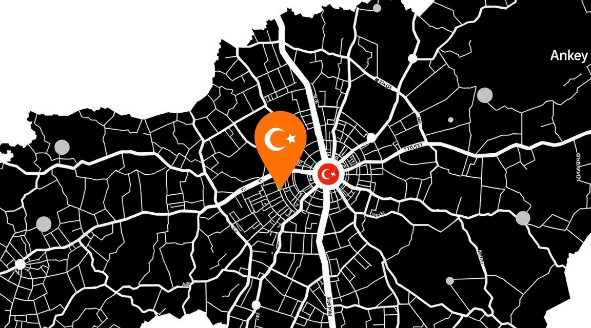 Ankara haritasının stilize edilmiş, karanlık bir estetikte görüntüsü, tek bir pim işareti ile