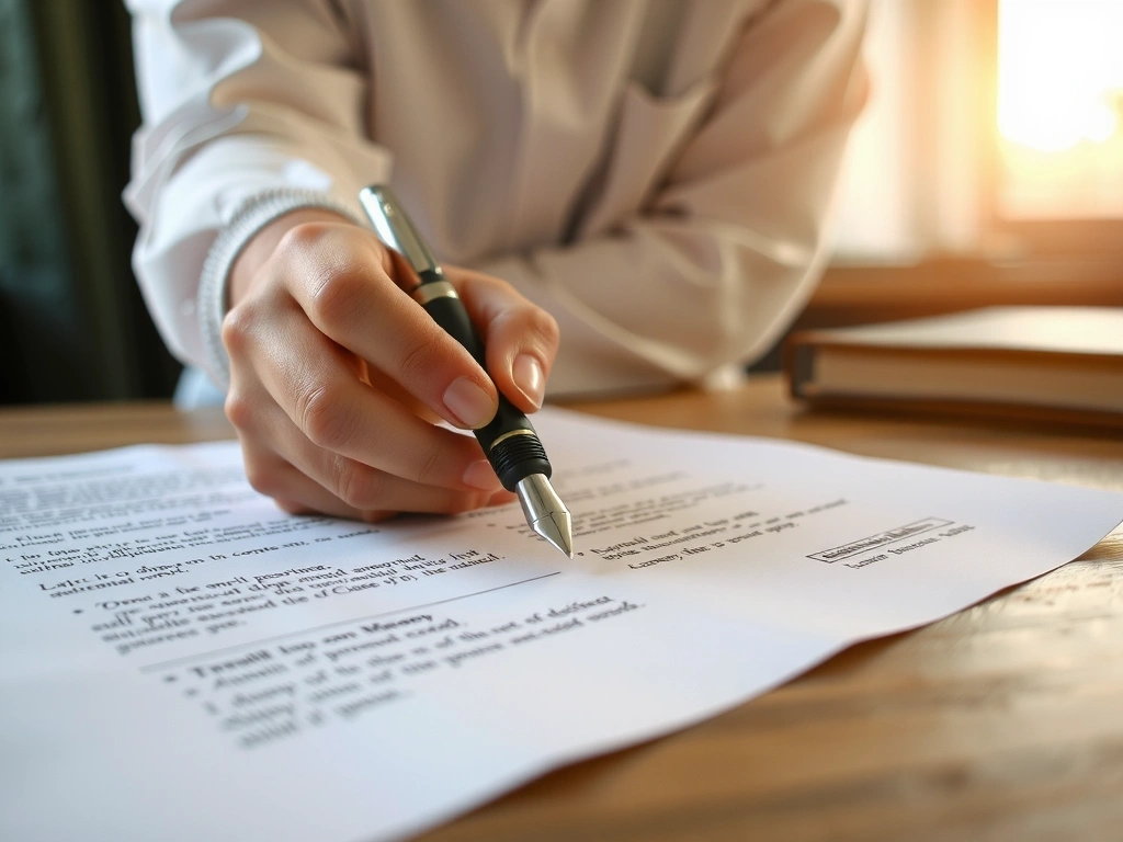 Bir kişinin ahşap bir masada tükenmez kalemle sözleşme imzaladığı yakın plan çekim, sıcak aydınlatma